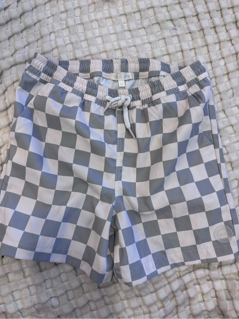 Rylee + Cru Gray and White Check Swim Trunks